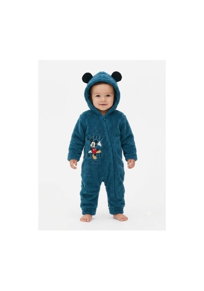 Chicsy Baby Tatlı Bebek Mickey Mouse Welsoft Tulum Nakışlı Kulaklı Kapüşonlu Fermuarlı Peluş Kışlık Bebek Tulumu Lacivert