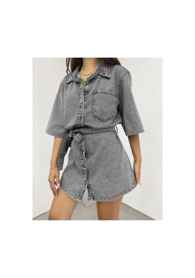 Kene Jeans Kuşaklı Full Düğme Kapamalı Kısa Kot Elbise Kar Siyah
