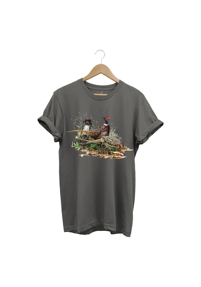 Avcılık Halka Boyunlu Bayağı Sülün Tavus Kuşu Doğa Ağaç Baskılı Regular Fit Gri T-shirt Antrasit