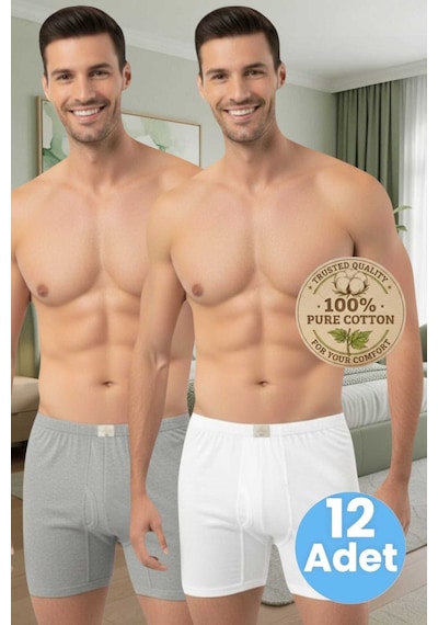 Uniquetrenders Erkek %100 Pamuklu 12'li Süprem Kumaş Penye Boxer Gri - Beyaz