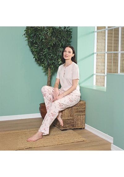 Over Sleep By Poleren Over Sleep 1816 Kadın Kısa Kol Uzun Alt Yazlık Pijama Takım Pudra