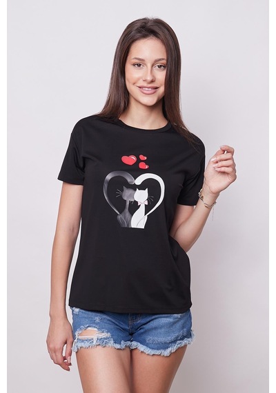 Jument Baskılı Sıfır Yaka Kırışmaz Span Karışımlı Şık Kısa Kol T-shirt Bluz- Siyah Kedi Kalp Desenli Kedi Kalp