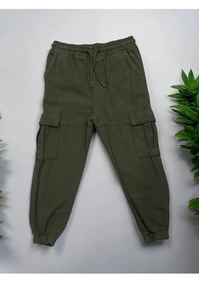 Jack Lions Erkek Çocuk Bel Paça Laslikli Keten Kargo Pantolon-14562 Haki