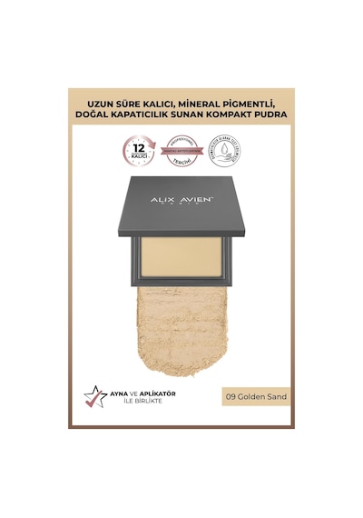 Alix Avien Kompakt Pudra 12 Saate Kadar Kalıcılık Sıcak Cilt Alt Tonu Compact Powder 09 Golden Sand