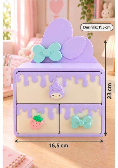Pembe Fiyonk Temalı 2 Katlı 3 Çekmeceli Çok Amaçlı Çocuk Odası Organizeri Lila
