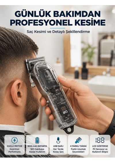 Şarjlı Saç Kesme Makinesi 4 Farklı Taraklı Lcd Pil Göstergeli Usb