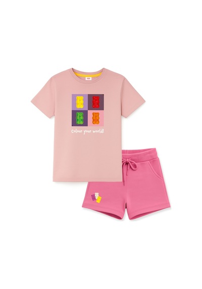 Haribo Lisanslı Kareli Ayıcık Baskılı T-shirt Şort Takım Pudra Haribo Lisanslı Kareli Ayıcık Baskılı T-shirt Şort Takım Pudra