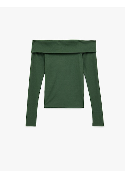 Koton Kaşkorse Slim Fit Uzun Kollu Açık Omuz Tişört Haki 6wak50054ek Haki