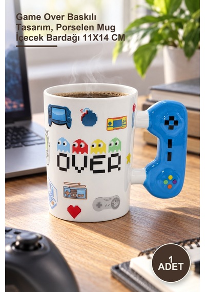 1 Adet Porselen Kupa Bardak Game Over Baskılı Tasarım, Porselen Mug İçecek Bardağı 11x14 Cm