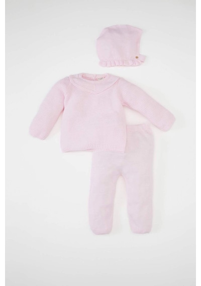 Defacto Kız Bebek 3'lü Takım Bisiklet Yaka Basic Düz Triko Kazak Beli Lastikli Alt Bere C9763A524WNPN688 Pembe