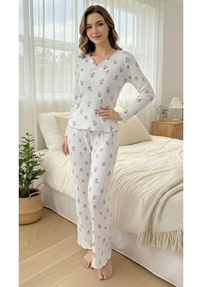 Bella Notte Ekru Minimal Lale Desenli Fiyonk Detaylı V Yaka Pijama Takımı