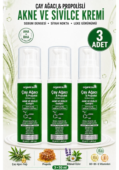 Organicsun Çay Ağacı Ve Propolisli Akne Ve Karşıtı Cilt Bakım Kremi 3 Adet X 50 Ml Siyah Nokta Ve Leke Görünümü Bakımı