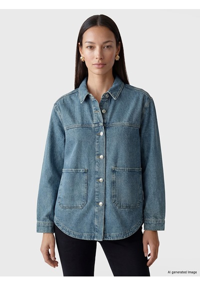 Lcw Everyday İndigo Gömlek Yaka Oversize Kadın Jean Ceket