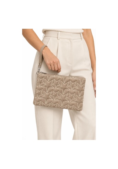Adelina Bags Süet Yıldız Nakış İşlemeli Portföy El Çantası Bilek Askılı Astarlı Süet Clutch Çanta Vizon