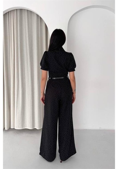 Neşeli Butik Kadın Siyah Kemer Detaylı Tam Boy Taşlı Gömlek Yaka Tulum Nbk4592