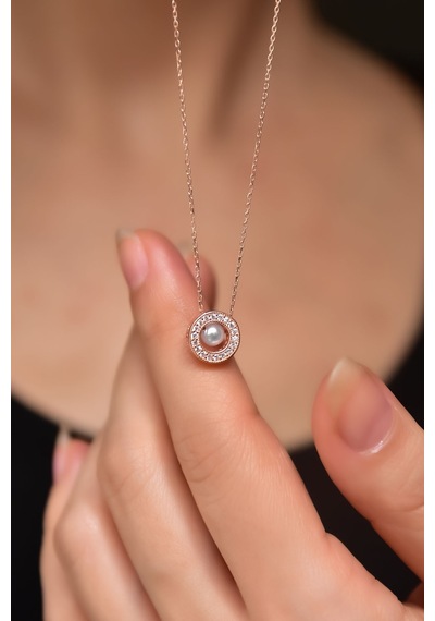 Papatya Silver 925 Ayar Gümüş Rose Kaplama Incili Yuvarlak Kolye