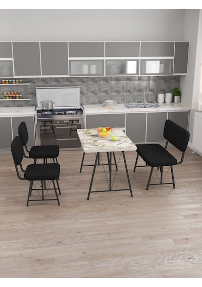 Hayat 70x110 Efes Mutfak Masası, Mutfak Masası Takımı, Yemek Masası, 2 Sandalye 1 Bench - Siyah Siyah