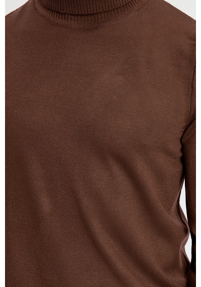 Tudors Erkek Slim Fit Dar Kesim Yumuşak Dokulu Tüylenmeyen Kahverengi Tam Balıkçı Yaka Triko Kazak-33110 Kahverengi