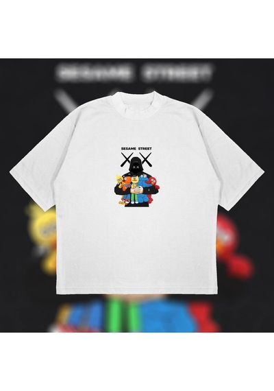Startmore Kaws X Sesame Street Boxy Fit Oversize Unisex Tshirt Baskılı Tişört Beyaz