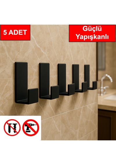 Güçlü Yapışkanlı Çok Amaçlı Plastik Askı Kapı Arkası Askılık Mutfak Askı 5 Adet Siyah Diğer