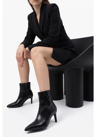 Luvishoes Luvi Shoes Noya Siyah Baskı Sivri Burun Kadın İnce Topuklu Bot Siyah Kroko