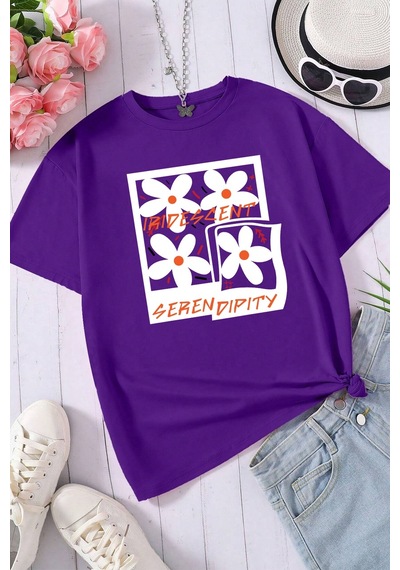 Unisex Serendipity Baskılı Oversize Tshirt Mor