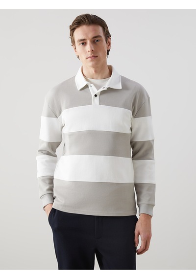 Lcw Vision Ekru Polo Yaka Uzun Kollu Çizgili Erkek Sweatshirt