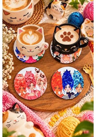 Kedi Saçlı Kadınlar, Kedi Temalı 4 Lü Bardak Altlığı Set 9 Cm, 3 Mm Ahşap Mdf, Dijital Baskı - 927133642 Diğer