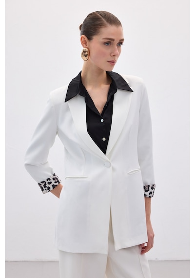 Sateen Mono Yaka Klasik Ceket - Ekru-siyah-136607 Ekru - Siyah