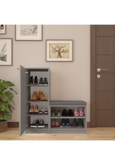 Asra Trend Puflu Ayakkabılık A-13 %100 MDF Minderli Portmanto Seti Kül Gri