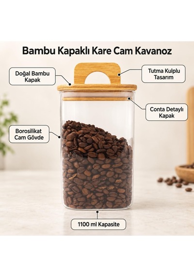 Bambu Kapaklı Kare Borosilikat Cam Kavanoz 1100 Ml, 10 15 Cm, Contalı Tutma Kulplu Şeffaf Erzak Kabı, Kahve Bakliyat Kuruyemiş Ve Kuru Gıda Saklama Kavanozu Çok Renkli