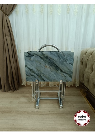 Evko Mobilya Çanta Zigon Sehpa, 4'lü Sehpa, Zigon Sehpa, Servis Sehpası, Camlı Sehpa, Katlanır Sehpa Gri