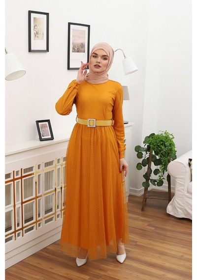 Neşeli Butik Kadın Bisiklet Yaka Puantiyeli Tesettür Elbise Rssn45 - Hardal