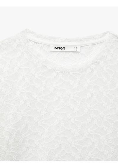 Koton Yarı Transparan Slim Fit Kısa Kollu Dantel Crop Tişört Beyaz 6sak50397ek