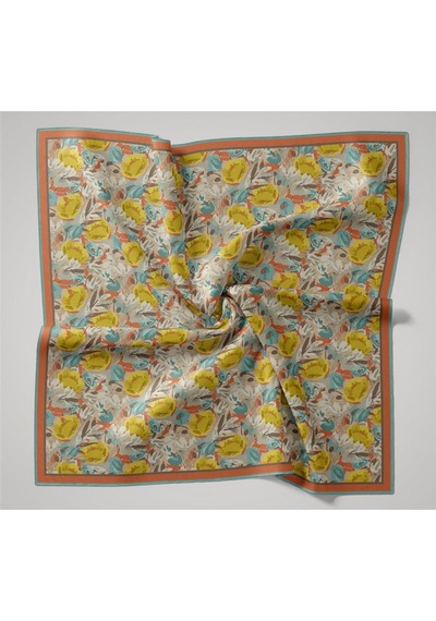 Silk Home Organik Pamuk İpek Eşarp Bej Sarı Turuncu Çiçek Desenli Tok Duruşlu 90x90 Çok Renkli