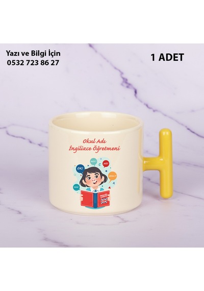 İngilizce Öğretmeni Öğretmenler Günü İçin Kişiye Özel İsim Baskılı T Kupa Bardak Öğretmenehediyelik Sarı