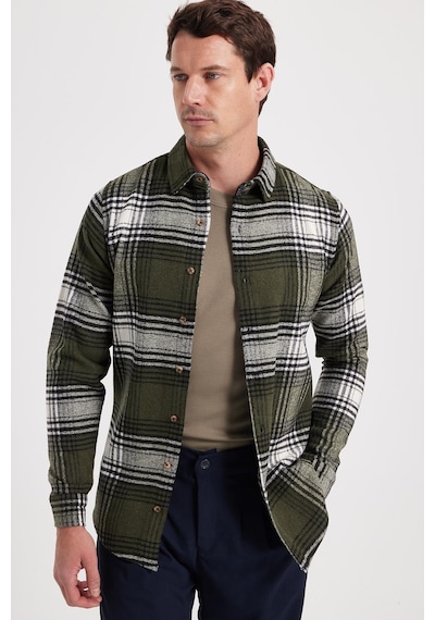 Tudors Erkek Slim Fit Dar Kesim Kareli Kışlık Oduncu Gömlek-42372 Haki