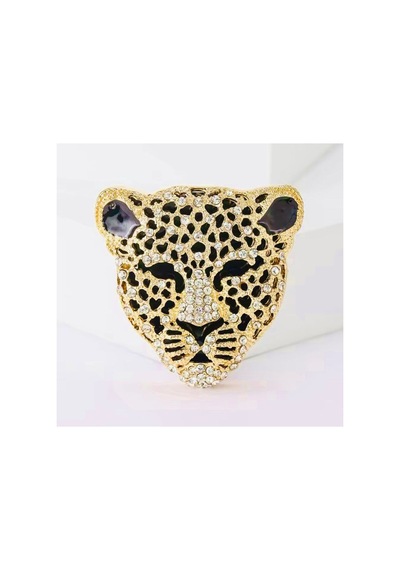 Altın Renk Zirkon Taşlı Siyah Renk Mineli Unisex Tasarım Leopar Broş Çok Renkli