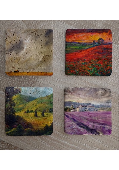 Gelincik Tarlası Ve Doğa Manzaraları Doğal Taş Bardak Altlığı 4'lü Set - Natural Stone Coasters - Taş Çok Renkli