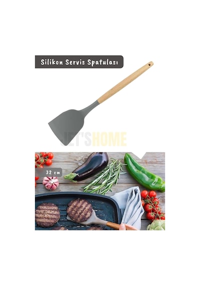 Silikon Servis Spatula Mutfak Kaşığı Pasta Spatulası Ahşap Saplı 32 Cm Diğer