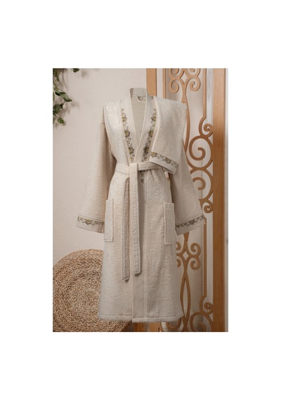 Arliva Home Mono Naturel Nakışlı Bukle Bornoz Seti Krem
