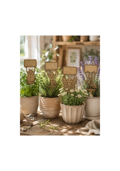 Arliadesign Kendin Boya Ahşap Bitki Etiketi 4 Lü 10x30 Cm Eğlenceli Böcek Figürlü Bahçe Ve Saksı Süsü, Ham Mdf