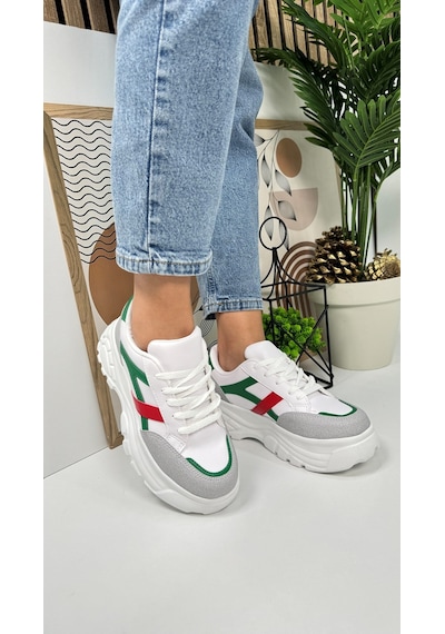 Günlük Kadın Sneaker Kalın Yüksek Taban Bağcıklı Rahat Tiger Şeritli Spor Ayakkabı 032 08-taş Yeşil Kırmızı