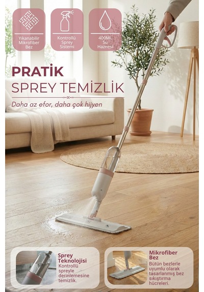 Sprey Mop 400 Ml Su Hazneli - Yıkanabilir Mikrofiber Bezli Pratik Yer Temizleme Seti