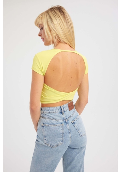 Hiccup Yuvarlak Yaka Çapraz Arka Kısa Kollu Crop Top Sarı