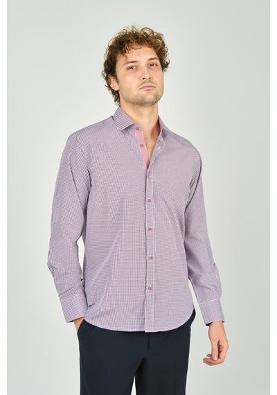 De Leone Erkek Slim Fit Ekoseli Uzun Kollu %100 Pamuk Gömlek 2060 Bordo Bordo