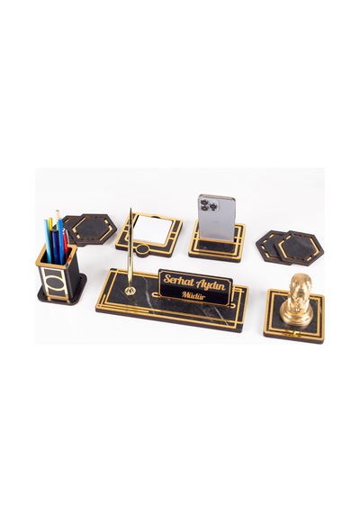 Space+atatürk Büstü Gold Ahşap Masa İsimliği Seti Mermer Desenli Ofis Hediyesi Masa Üstü İsimlik Siyah