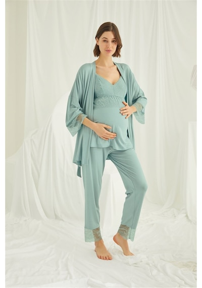 Monamise 18469 Kadın Açık Yeşil Dantelli Hamile Lohusa 3'lü Askılı Sabahlıklı Pijama Takımı