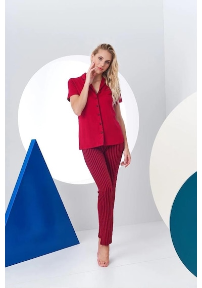 Pjs 24156 Kadın Çizgili Düğmeli Pijama Takım 001