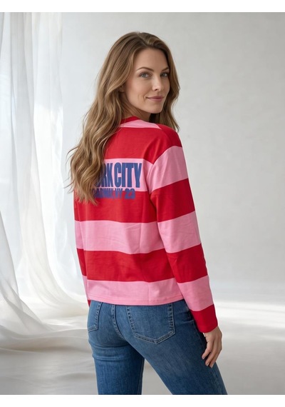 Nealirsanall.com Kadın Çizgili New York City Baskılı İnce Sweatshirt Pembe